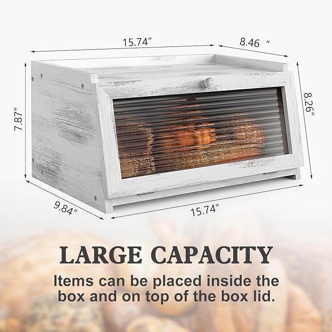 LOHASOK Bread Box for Kitchen Countertop Large Farmhouse Bread Container Bread Storage with Window Wooden Bread Holder