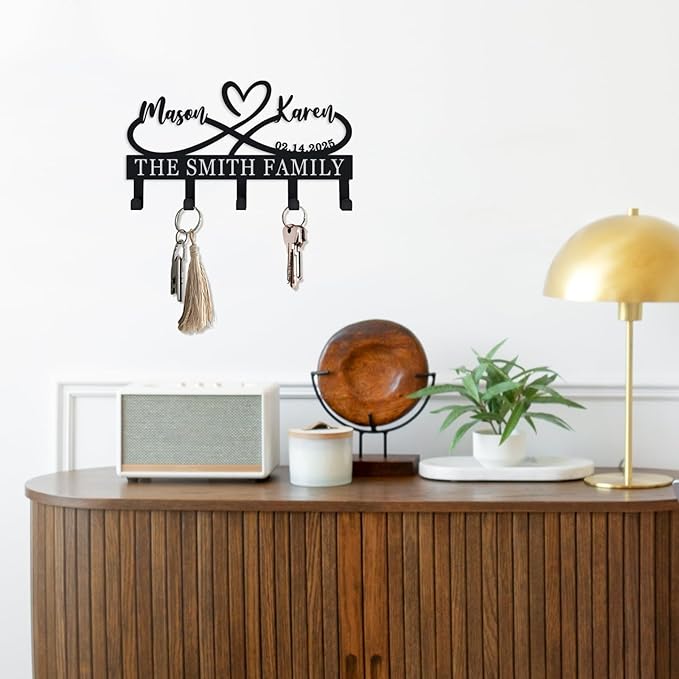 Personalized Metal Key Holder for Wall, Custom Infinity Heart Key Rack with Hooks, Wall Mounted Key and Coat Organizer for Entryway Bedroom, Housewarming & Wedding Gift (Design9)