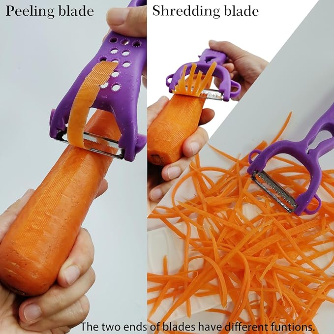 Multi Fruit Vegetable Peeler & Grater, Double Serrated Stainless Steel Blade(Peeler and Grater Function), Sharp Blade for Cucumbers,Carrot, Apples, Potato Eye Remover. Grinding of Garlic and Ginger