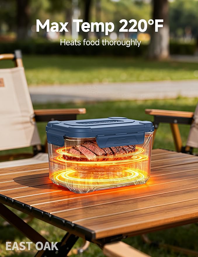 EAST OAK Heated Lunch Box for Men, Electric Lunch Box for Adults, 5.5 Cups Cordless Portable Food Warmer, Rechargeable Self Heating Food Heater with Memory Function, Automatic Keep Warm(Classic Blue)