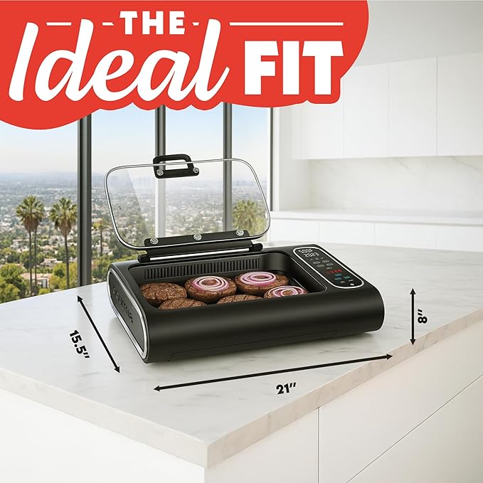 Gourmia Smokeless Indoor Grill - Air Fryer Combo with Smoke Extractor, 5 Cooking Presets, Grill, Air Fry, Roast, Bake, Dehydrate, Countertop Cooker, Glass Lid
