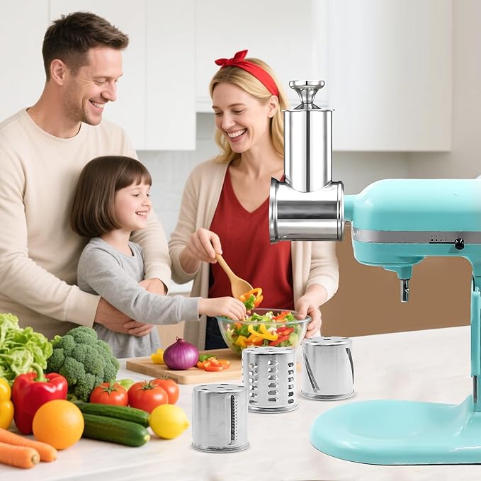 Stainless Steel Slicer Shredder for KitchenAid Mixer Attachment Vegetable & Cheese Grater Attachment with 4 Blades (Fine, Medium, Coarse, Slicer), with Knob, Dishwasher Safe, Durability