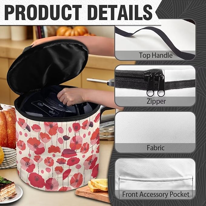Red Flower Electric Pressure Cooker Insulation Bag Stain Resistant Reusable Electric Pressure Cooker Bag with Top Padding Handle