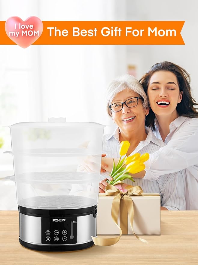 FOHERE Food Steamer for Cooking,13.7QT Vegetable Steamer with Stackable 3 Tiers BPA-Free Baskets,800W Electric Steamer Pot 60-Minute Timer, 24H Delay Start Timer for Veggies Seafood Rice
