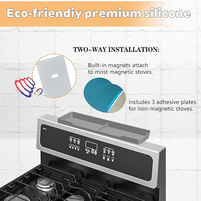 15 Inch Magnetic Silicone Stove Top Shelf, Heat Resistant Spice Rack for Kitchen, Space Saving Organizer with 3 Sticky Pads, Fits Back of Stove (Light Grey, 15" x 3.8")