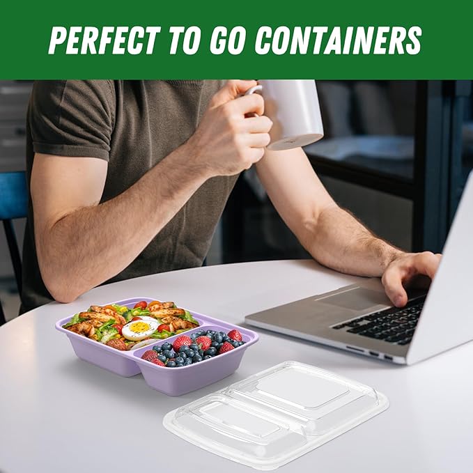 Dealusy 50 Pack (100-Piece) 28 oz Meal Prep Containers Reusable with Lids 2-Compartment, Sturdy Leakproof Food Safe, Microwave Freezer Dishwasher Safe, To Go Take Out Plastic Food Storage, Lilac