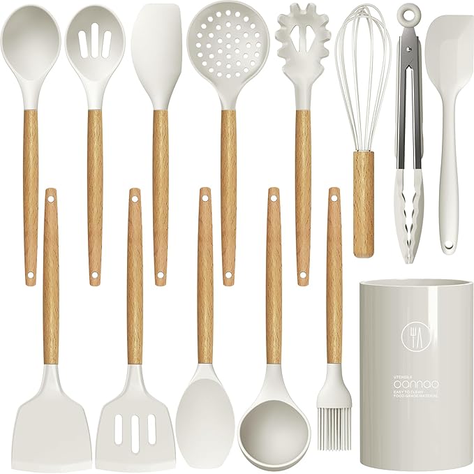 oannao Silicone Cooking Utensils Set - 446°F Heat Resistant Silicone Kitchen Utensils for Cooking,Kitchen Utensil Spatula Set w Wooden Handles and Holder for Non-Stick Cookware (Cream White)