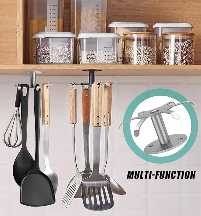 Zorfeter 2 PCS Under Cabinet Kitchen Utensil Hooks, Stainless Steel Utensil Racks 360°Rotating Drilling Free Adhesive Utensils Hanging Rack Holder, Brushed Nickel