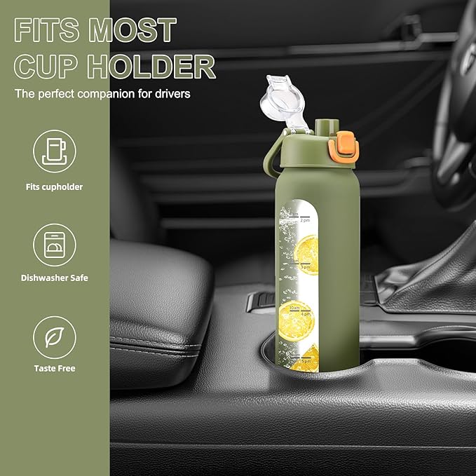 chunmo 32 oz Glass Water Bottles with 2 Lids-Handle Spout Lid & Straw Lid, 1 Liter Motivational Borosilicate Water Bottle with Time Marker and Silicone Sleeve,Leakproof-Army Green-1 Pack