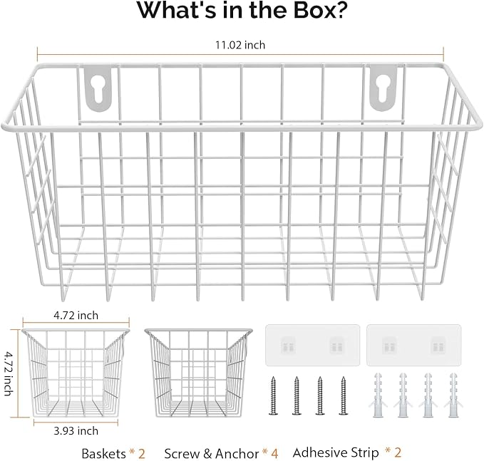 MaraFansie Hanging Kitchen Baskets Wire Storage Basket Adhesive and Screws Basket Over the Cabinet Door Organizer with Adhesive Strips and Screws Accessories, 2 Installations, 2 Pack, White