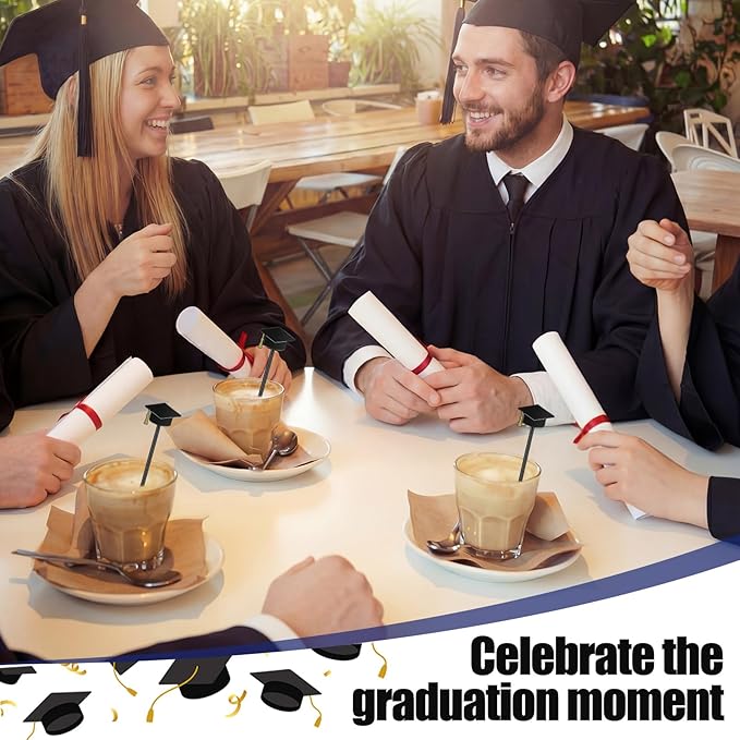 SiliFine 30 Pcs Graduation Cap Drink Stirrers Graduation Stir Sticks Coffee Stirrers Cocktail Mixers Plastic Swizzle Sticks Hot Cocoa Bar Supplies for Party Bar Coffee Tea Favors (Gold)