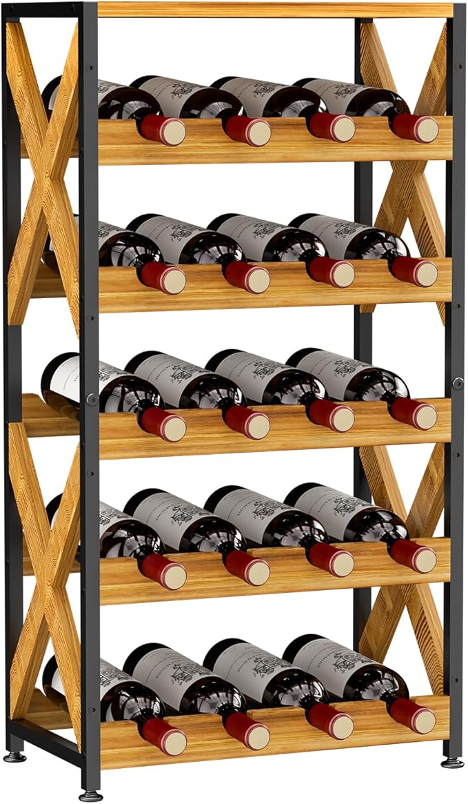 20 Bottle Wine Rack Freestanding Floor with Wood Top,Wobble-Free 5 Tier Wine Display Storage Stand Shelf,Stackable Modular Wine Bottle Holder Rack for Kitchen,Cellar,Living Room