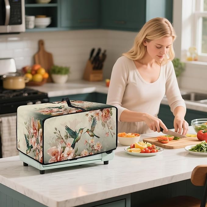 Air Fryer Toaster Oven Dust Cover Washable Fabric Countertop Microwave Smart Oven Cover for Kitchen Countertop Decor, S, 14.5 x 18.5 x 9 Inches, Hummingbird Floral Pattern