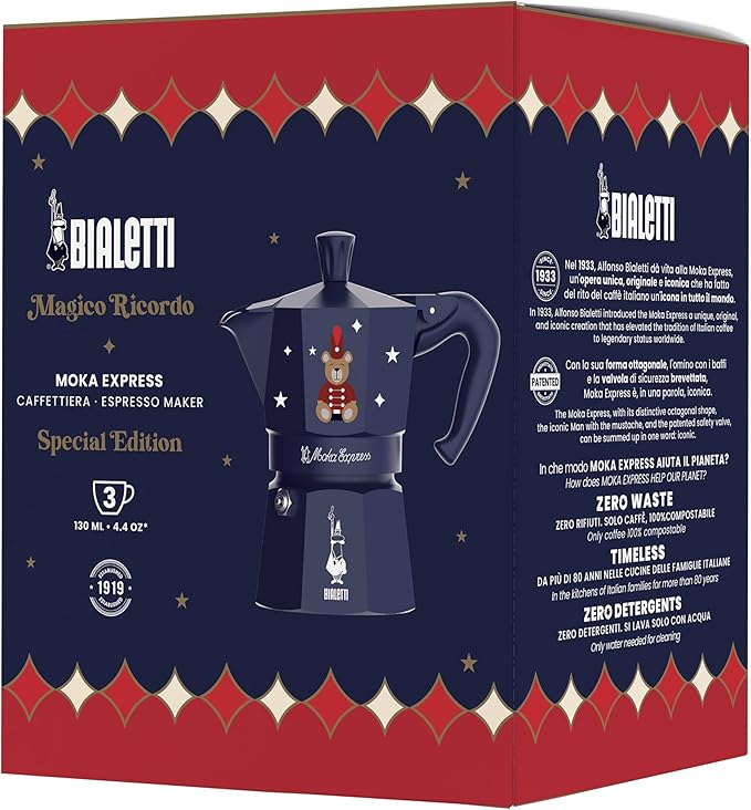 Bialetti Moka Express Iconic Italian Stovetop Espresso Maker (Blue/Red, 3 Cups)