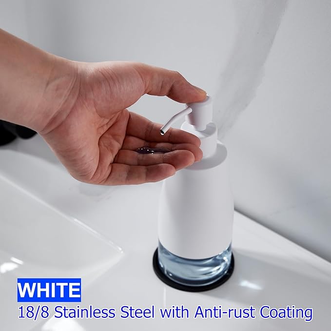 Gaussra White Soap Dispenser with Coaster and Stickers, Stainless Steel and Glass Bottle Hand Pump Dispenser, Refillable Liquid Hand Soap Dispenser for Bathroom & Kitchen (11OZ / 320ML)