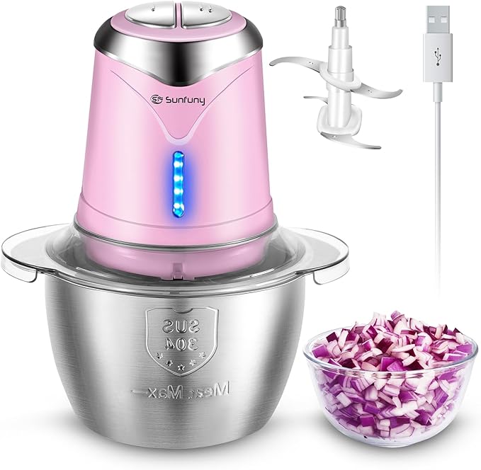Food Processor Cordless Meat Garlic Chopper with 5 Cup Stainless Steel Bowl, 6000mAh USB Rechargeable Electric Vegetable Chopper Baby Food Processor Blender Mini Kitchen Mixer, Mom's Gift(Pink)