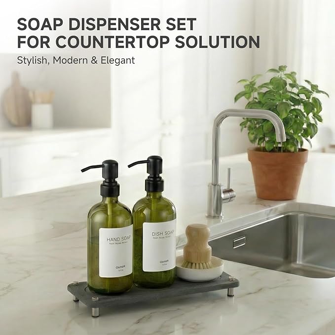 2 Pack Kitchen Soap Dispenser Set - 16oz Green Glass Dish and Hand Soap Dispenser with Stainless Steel Pump, Instant Dry Tray, Dish Brush & Holder, Refillable Countertop Sink Decor for Kitchen & Bath