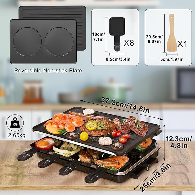 Raclette Table Grill, Indoor Grill Korean BBQ Grill Electric Griddle, 2 in 1 Electric Griddle Nonstick with 8 Raclette Cheese Pans Adjustable Temperature Control 1300W Ideal for Family Party Fun
