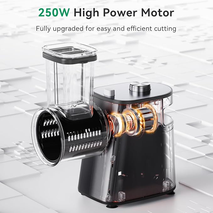 Electric Cheese Grater Upgraded, 250W Electric Slicer Shredder, Automatic Cheese Shredder, Electric Salad Machine for Fruits, Vegetables, Cheeses,Salad Maker With 5 Different Shapes of Blades
