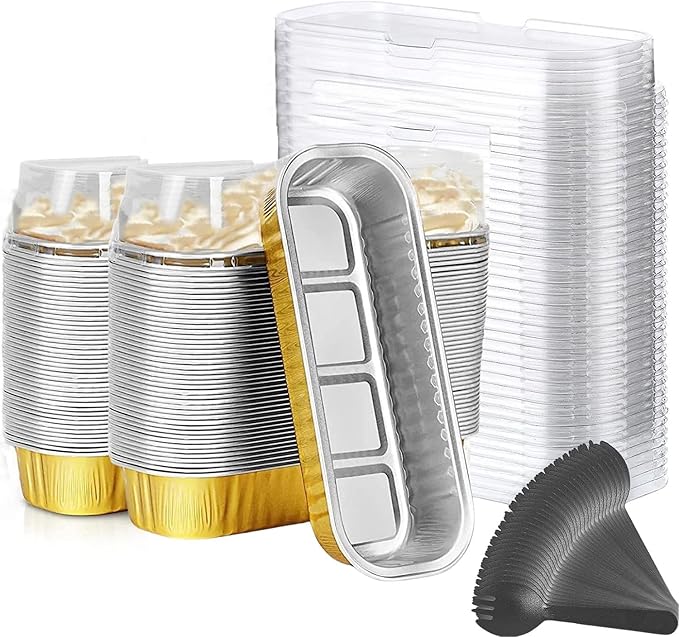 Findful Mini Loaf Baking Pans with Lids And Spoons (100 Pack, 6.8oz) Rectangle Aluminum Foil Baking Pans Tins Containers - Cupcake Containers Wrappers Cheesecake Creme Brulee Ramekins