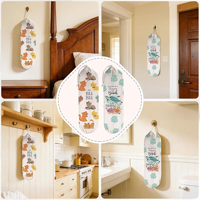 2Pcs Cat Plastic Bag Holder for Kitchen Essentials, Reusable Hanging Grocery Bag Organizer, Washable Large Grocery Trash Bags Storage Dispenser