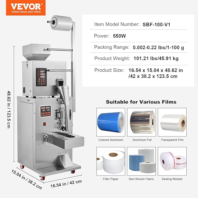 VEVOR Automatic Particle Packaging Machine 1-100g, 10-15 Bags/min Filling Sealling Mchine, Multi-Function Weighing Packing Machine, Powder Mixer Machine for Tea Seeds Grains Flour Beans Glitter