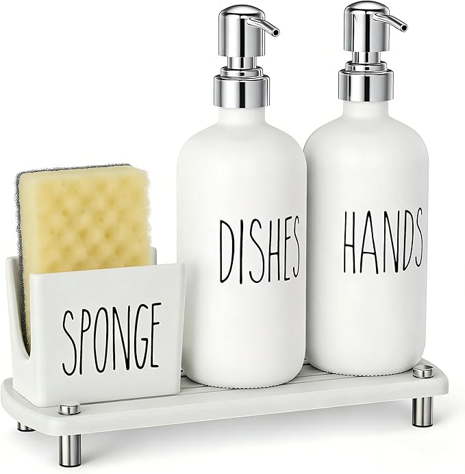 Cisily Kitchen Soap Dispenser Set Comes with Ceramics Sponge Holder, Gold Pumps, and Instant Dry Tray, Hand and Dish Soap Dispenser Set (4, Silver + White + Sponge Holder)