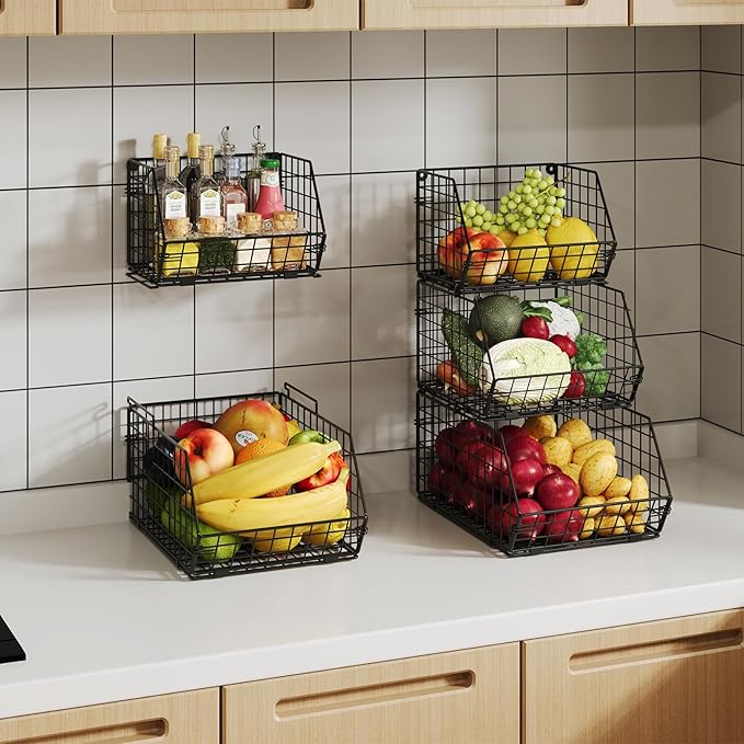 X-cosrack Stackable Wire Baskets for Counter, Fruit and Vegetable Storage, Potato and Onion Storage Bin,Kitchen Pantry Organizer - Wall Basket for Produce/Snack/Can, Large, Black