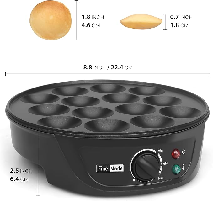 FineMade Non Stick Mini Pancakes Maker Machine, Electric Poffertjes Pan with Browning Control, Small Ebelskiver Aebleskiver Pan, Dutch Mini Pancake Maker, with Brush & Forks, 14 Slots, Black