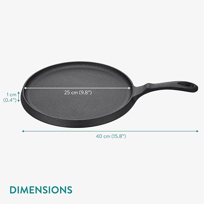 Navaris Cast Iron Griddle - 10"(25cm) Pre-Seasoned Crepe Pan with Ergonomic Handle, Comal for Tortillas - Pancakes, Tawa Roti - Oven, Stovetop, Grill, Induction & Campfire Skillet