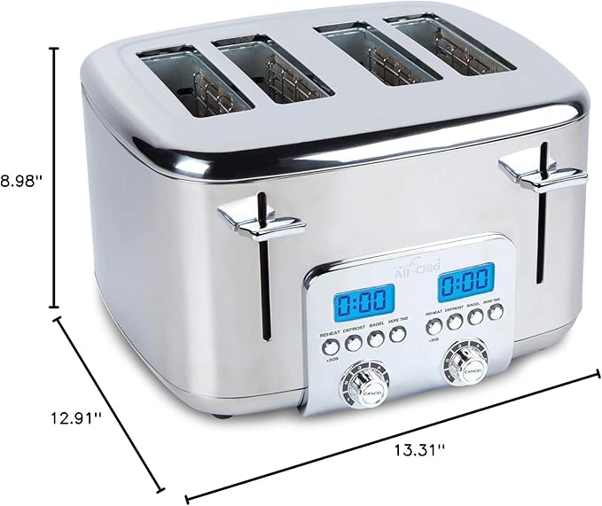 All-Clad Electric Stainless Steel Toaster, 4-Slice, LED Display, Removable Crumb Tray, Internal Cord Storage, 6 Browning Levels, Wide and Self-Centering Slots, Waffles, Bagels, Bread, Silver