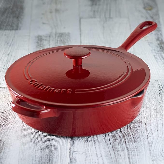 Cuisinart 12-Inch Cast Iron Chicken Fryer with Lid, 4.5 Quart Capacity, Porcelain Enameled Interior, Oven Safe, Induction Compatible, Cardinal Red