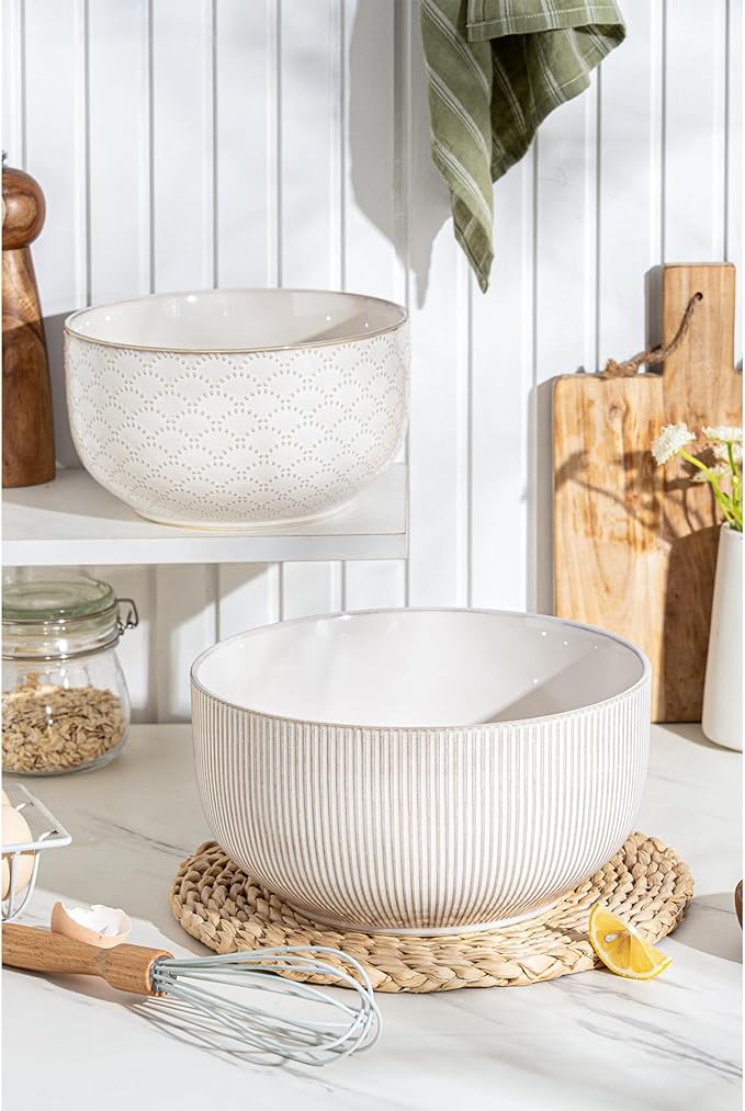 Mikiegy Ceramic Mixing Bowls Set of 2, Nesting Ceramic Embossment Stoneware Mixing Bowls for Cooking, Serving, Popcorn, Salad etc, Microwave & Dishwasher Safe, 98/145 oz, Off-White