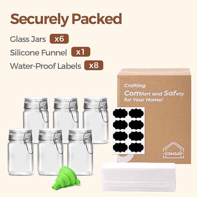 ComSaf Set of 6 Square Glass Jars with Airtight Lids (8 Oz), Pantry Canisters for Spices, Jams, & Herbs, Wire Clamp Jar for Overnight Oats, Pickling, Favors, Includes Labels & Funnel