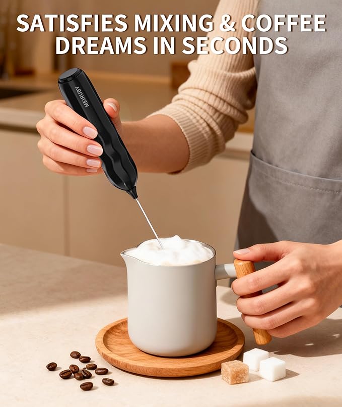 MEIRUBY 2-Pack Milk Frother Handheld with Stand, Valentines Day Gifts for Him and Her, Powerful Electric Coffee Frother, Coffee Lover Gift for Lattes, Cappuccino, Matcha & Hot Chocolate, Black/Pink