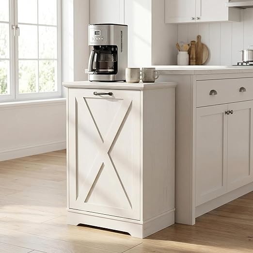 13 Gallons Tilt Out Trash Can Cabinet, Wooden Trash Can Cabinet Tilt Out Pet Proof Hidden Garbage Cabinet for Kitchen, Antique White