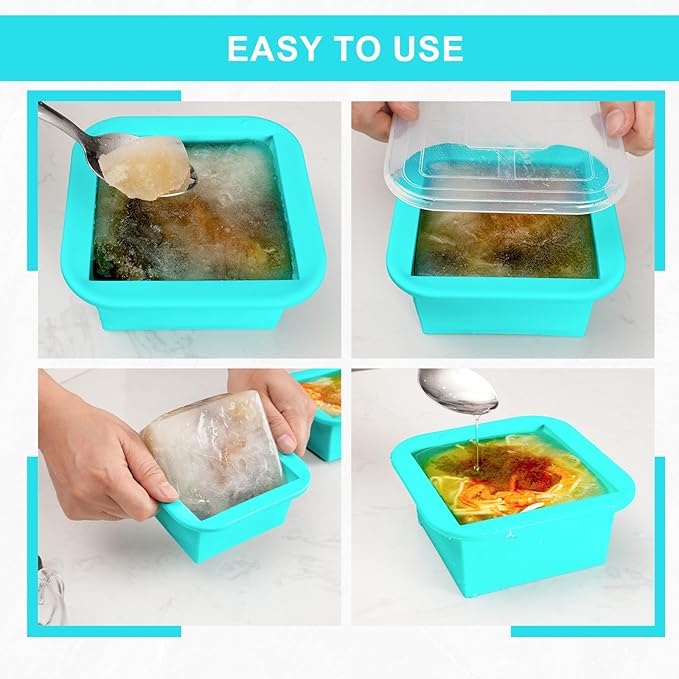 Silicone Freezer Tray with Lid 4 Pack Silicone Freezer Molds Ice Cube Tray Makes 4 Perfect 2 Cup Portions Soup Cubes Meal Prep Containers- Oven & Dishwasher Safe