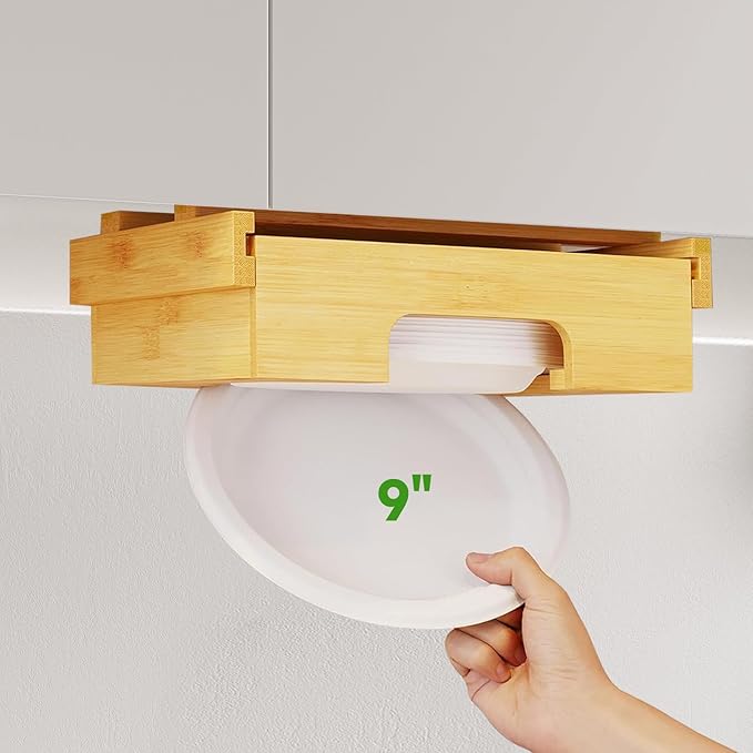 Paper Plate Dispenser Under Cabinet 9 inch Bamboo Paper Plate Dispenser, Kitchen Counter Vertical Holder Organizer Countertop Caddy (9 Inch Natural)