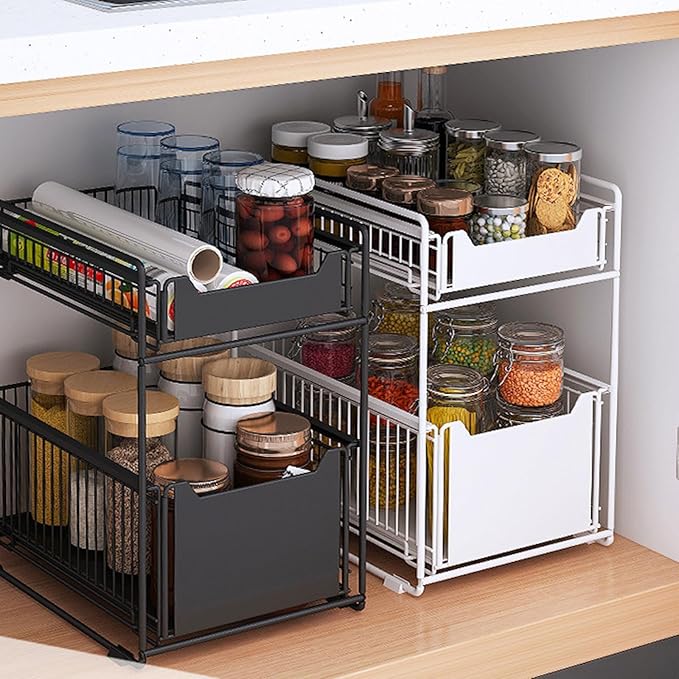 Takywep 2-Tier Pull Out Cabinet Organizer, Heavy Duty Slide Out Pantry Shelves Drawer Storage with Adhesive Film, No-Drill Sliding Mesh Basket for Kitchen, Bathroom, Home