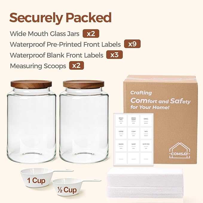 ComSaf 2Pcs (4.2Qt) Wide-Mouth Flour Sugar Storage Containers - Include Scoops & Labels, Easy to Scoop & Airtight, Large Glass Jar for Bakers to Store Bulk Flour, Rice, and Dry Goods in Kitchen Pantry