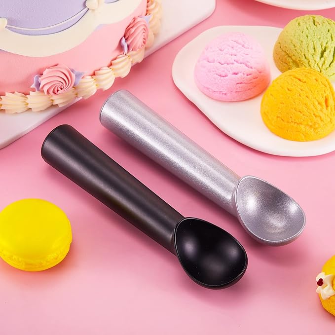 Gejoy 12 Pcs Ice Cream Scoops Bulk, 7 Inch Nonstick Anti Freeze Ice Cream Scooper Aluminum Design Dessert Spoon for Gelatos Frozen Yogurt Fruit Sundaes Sorbet Almond Cookie Dough(Black and Silver)