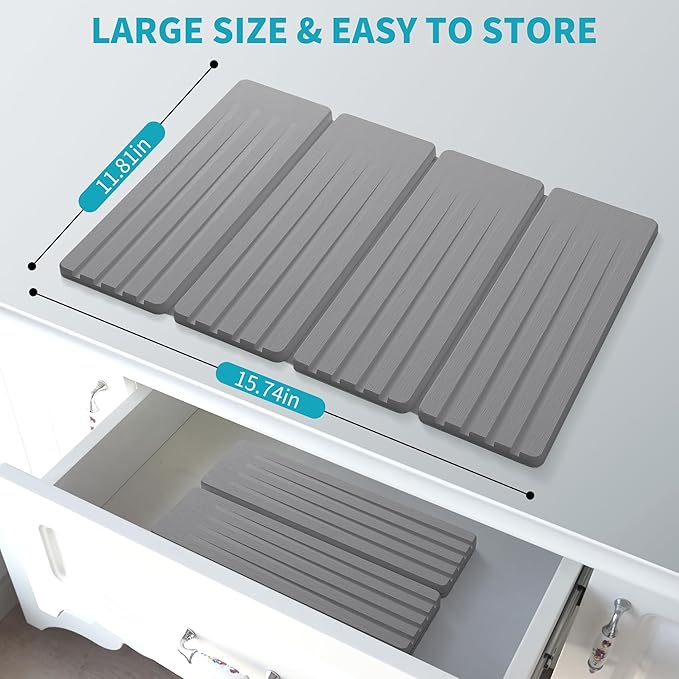 Extral Large Quick Dry Stone Drying Mat for Kitchen Counter,28x16 Inch Collapsible Eco-Friendly Absorbent Diatomaceous Earth Mat for Dishes Cups (Medium Gray-Upgraded Version, 16x12 inch)