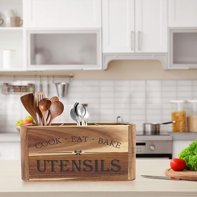 Utensil Holder for Kitchen Countertop - Extra Large 3 Compartment Wooden Organizer in Acacia Wood, Storage for Cooking Tools and Cutlery, Farmhouse Style for Home Cooking
