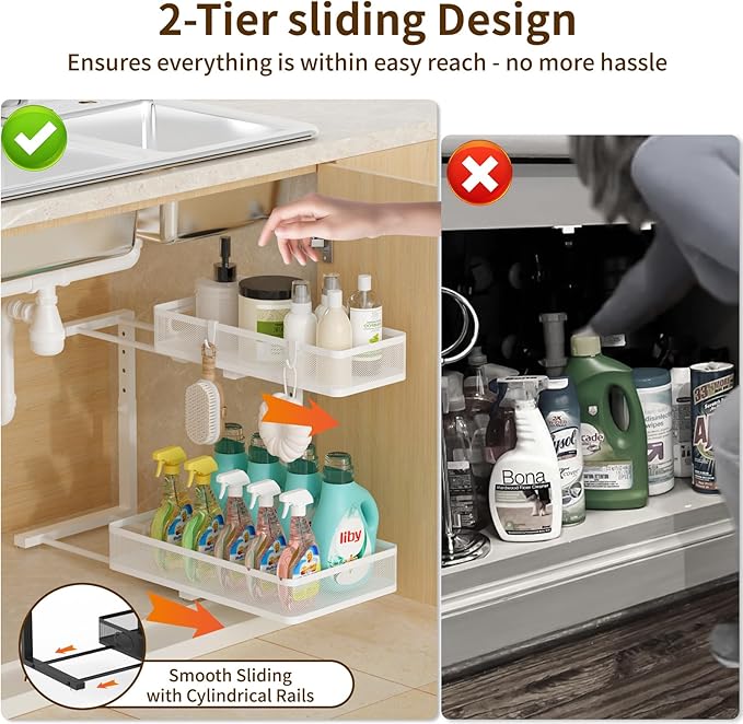 Under Sink Organizer 1 Pack, 2-Tier Slide Out Cabinet Organizer with Metal Sliding Drawer and Hooks, Pull Out Storage Baskets for Kitchen Bathroom Pantry Cabinet Organization (White (1 pack))