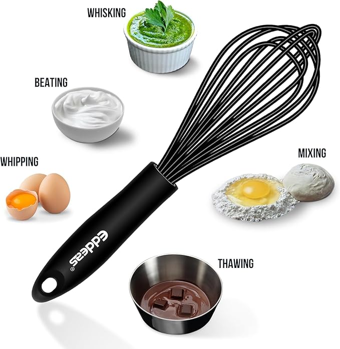 Silicone Whisk - Non Scratch Whisks for Cooking, 500°F Heat Resistant Siliocne Wisk tool, Heavy Duty Kitchen Whisks, for Blending, Beating, set of 4 (5+7+9+11 inch) Black