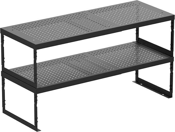 Stackable Expandable Metal Shelf Organizer - Adjustable Wire Storage Rack with Holes for Kitchen, Bathroom, Cabinet, Office - Space Saving, Durable & Sturdy Design(2PACKS/Large/Black