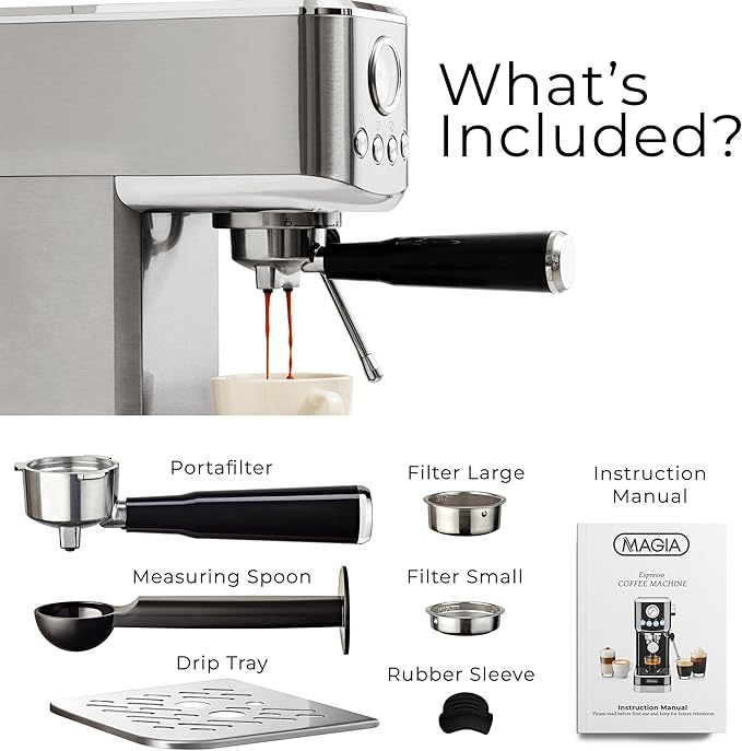 Zulay Kitchen Magia Compact Espresso Machine โ 20 Bar Coffee Maker with Milk Frother Steam Wand, Latte & Cappuccino Maker, 1350W Fast Heating, 40oz Removable Water Tank, Stainless Steel โ Silver