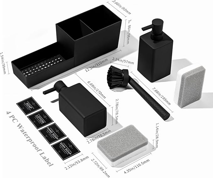 Kitchen Soap Dispenser Set with Sponge Holder and Brush for Sink Rack Hand Soap and Dish Soap Dispensers Black 4-in-1