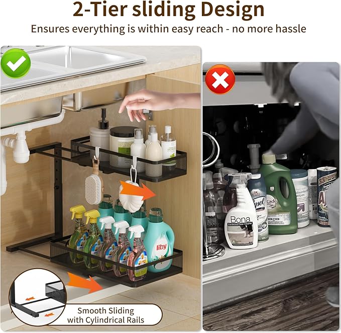 Under Sink Organizer 2 Pack, 2-Tier Slide Out Cabinet Organizer with Metal Sliding Drawer and Hooks, Pull Out Storage Baskets for Kitchen Bathroom Pantry Cabinet Organization (black)