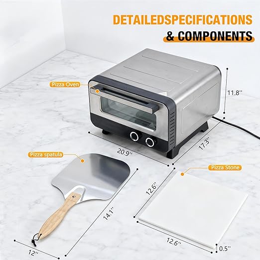 OLIXIS Pizza Oven Indoor, 1600W Electric Pizza Oven Fast Heating, 6 Presets Pizza Maker for 12 Inches, with Pizza Stone & Spatula, Upper-Bottom Independent Heating Temperature Control